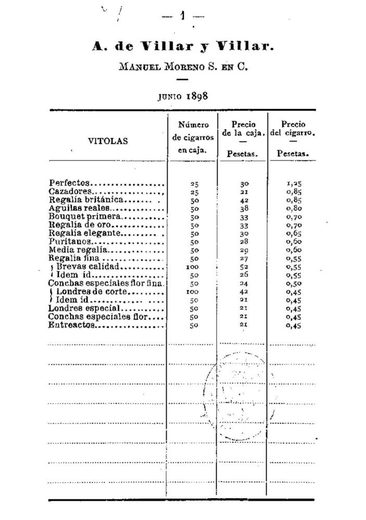 1898 年西班牙政府官价古巴雪茄价格表第 2 页扫描件