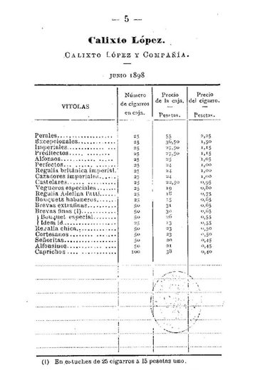 1898 年西班牙政府官价古巴雪茄价格表第 6 页扫描件