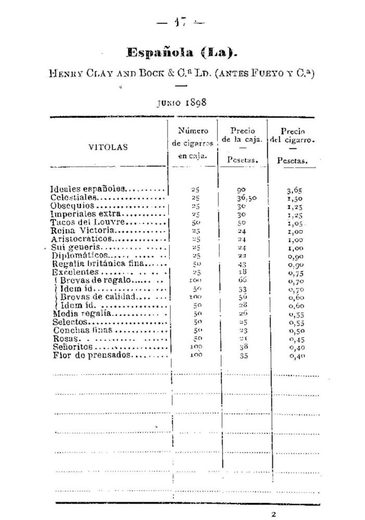 1898 年西班牙政府官价古巴雪茄价格表第 18 页扫描件