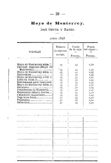 1898 年西班牙政府官价古巴雪茄价格表第 39 页扫描件