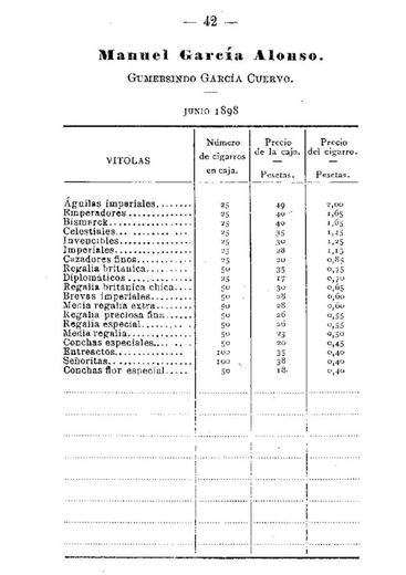 1898 年西班牙政府官价古巴雪茄价格表第 43 页扫描件
