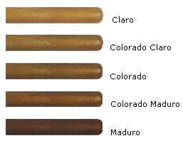 由左到右为 Claro、Colorado Claro、Colorado、Colorado Maduro、Maduro 的颜色示例。